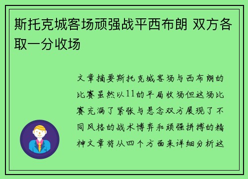 斯托克城客场顽强战平西布朗 双方各取一分收场