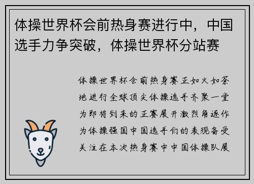 体操世界杯会前热身赛进行中，中国选手力争突破，体操世界杯分站赛
