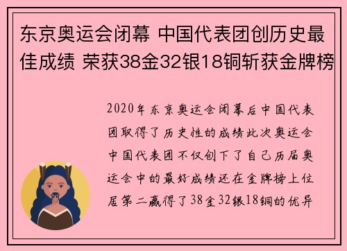 东京奥运会闭幕 中国代表团创历史最佳成绩 荣获38金32银18铜斩获金牌榜第二