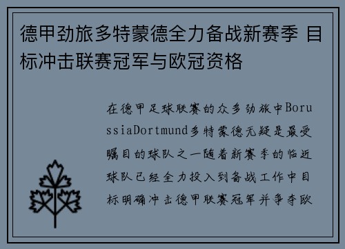 德甲劲旅多特蒙德全力备战新赛季 目标冲击联赛冠军与欧冠资格