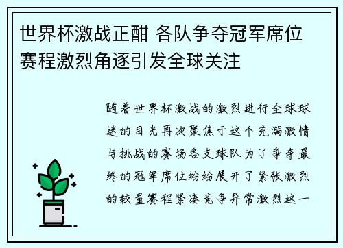 世界杯激战正酣 各队争夺冠军席位 赛程激烈角逐引发全球关注